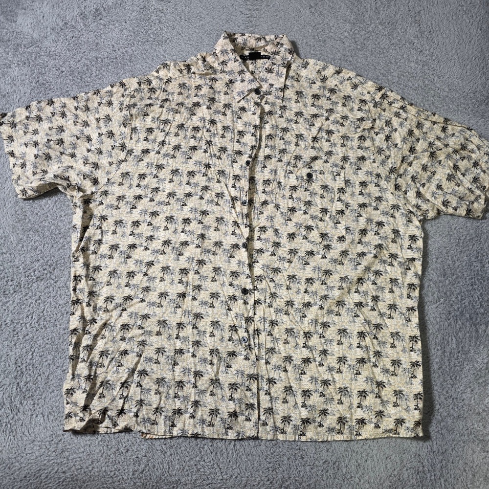 Manhattan Mens XL Short Sleeve Button Up Shirt Beige Palm Tree Rayon Hawaiian